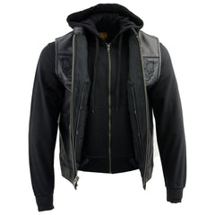 Milwaukee Leather MLM3563 Men's '2 in 1' Black Leather Vest w/ Reflective Skulls / Full Removable Hoodie