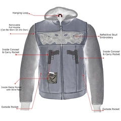 Milwaukee Leather MLM3563 Men's '2 in 1' Black Leather Vest w/ Reflective Skulls / Full Removable Hoodie