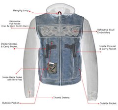 Milwaukee Leather MLM3561 Men's '2 in 1' Distressed Brown Leather Vest w/ Reflective Skulls / Full Removable Hoodie