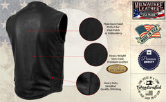 Milwaukee Leather USA MADE MLVSM5001 Men's Black Steerhide Premium Leather Motorcycle Club Style Vest
