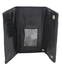 Milwaukee Leather MLW7875 Men's Black Leather Tri Fold Long Wallet with Steel Chain