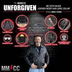 Milwaukee Motorcycle Clothing Co. Men's Unforgiven MC Style Black Leather Jacket w/ Lapel Collar MMC10008