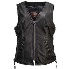 Milwaukee Motorcycle Clothing Co. Women's Jenni Black Premium Leather V-Neck Side Lace Vest MMC40001