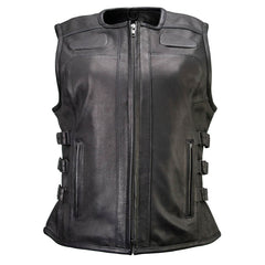 Milwaukee Motorcycle Clothing Co. Women's Gixxer Black Premium Leather Vest w/ Round Neck Side Buckle MMC40003