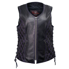 Milwaukee Motorcycle Clothing Co. Women’s Liberty Black and Purple Leather V-Neck Biker Vest w/ Side Lacing MMC40006