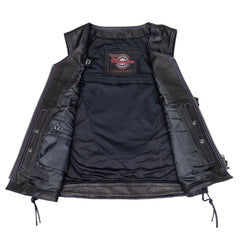 Milwaukee Motorcycle Clothing Co. Women’s Liberty Black and Purple Leather V-Neck Biker Vest w/ Side Lacing MMC40006