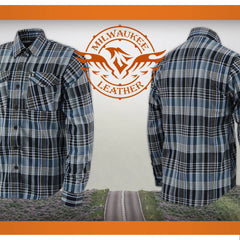 Milwaukee Leather MNG11626 Men's Flannel Plaid Black and White with Blue Long Sleeve Cotton Button Down Shirt