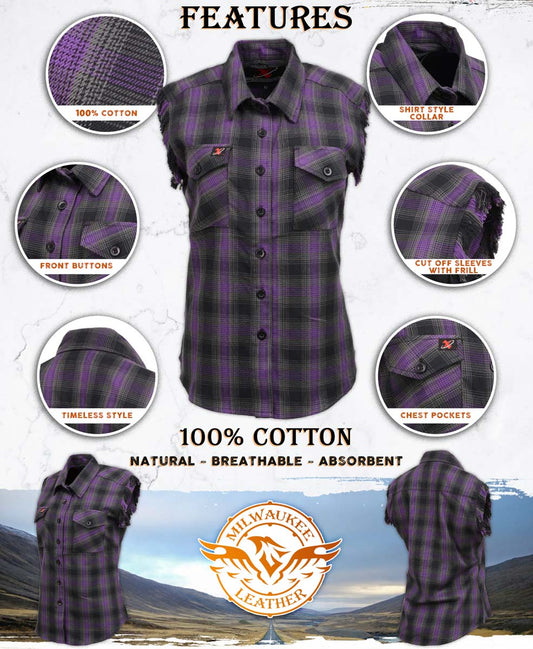 Milwaukee Leather MNG21624 Women's Flannel Black/Purple Button Down Sleeveless Cut Off Shirt w/ Frill Arm