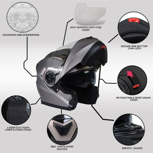 Milwaukee Helmets MPH9808DOT Ionized Silver Advanced Motorcycle Modular Helmet Biker w/ Drop Down Visor