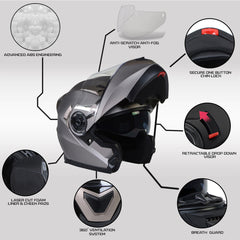 Milwaukee Helmets MPH9808DOT Ionized Silver Advanced Motorcycle Modular Helmet Biker w/ Drop Down Visor