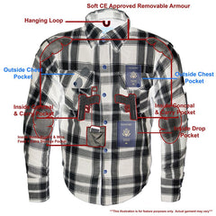 Milwaukee Leather MPM1644 Men's Plaid Flannel Biker Shirt with CE Approved Armor - Reinforced with Aramid Fiber