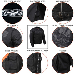 Milwaukee Leather MPM1730 Men's Black Padded Textile All Season Motorcycle Jacket w/ Reflective Skulls Artwork