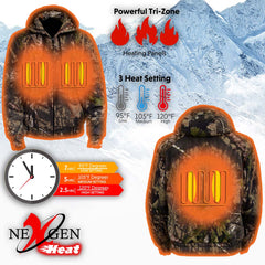 Nexgen Heat MPM1776SET Men's Camouflaged Heated Zipper Hoodies - for Winter Cold Weather Riding Outdoor Activities