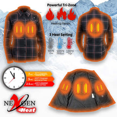 Nexgen Heat Nxl2602set Women's 'Bonnie' Black Grey Red Heated Flannel Long Sleeve Shirt (Rechargeable Battery Pack Included)