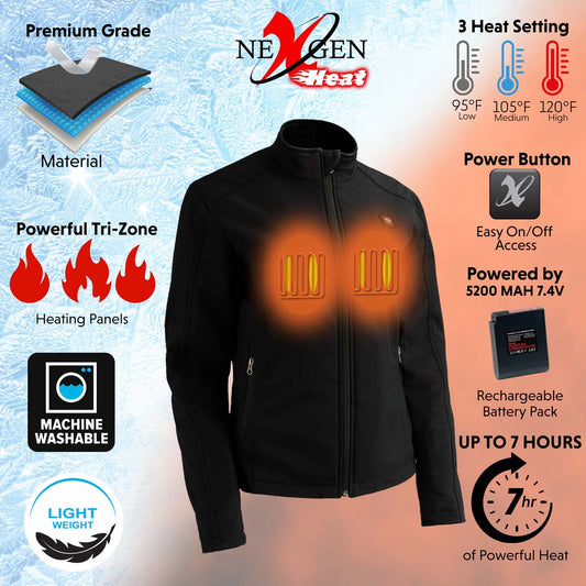 Nexgen Heat MPL2760SET Women's Black Soft Shell Zipper Front Heated Jacket Powered By Rechargeable 10000mAh Battery Pack