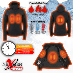 Nexgen Heat MPL2767SET Women's Black Soft Shell Heated Jacket with Detachable Hood (Included Rechargeable 10000mAh Battery)