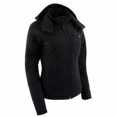 Nexgen Heat MPL2767SET Women's Black Soft Shell Heated Jacket with Detachable Hood (Included Rechargeable 10000mAh Battery)
