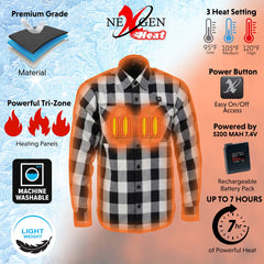 NexGen NXM1601SET Men's 'Riffraff' Black and White Heated Flannel Long Sleeve Shirt (Rechargeable Battery Pack Included)