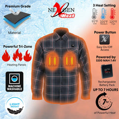 Nexgen Heat Nxm1602set Men's 'Riffraff' Black, Grey/Red Heated Flannel Long Sleeve Shirt (Rechargeable Battery Pack Included)