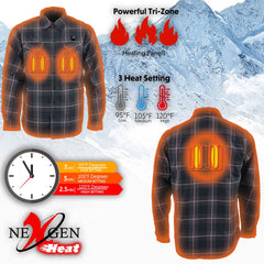 Nexgen Heat Nxm1602set Men's 'Riffraff' Black, Grey/Red Heated Flannel Long Sleeve Shirt (Rechargeable Battery Pack Included)