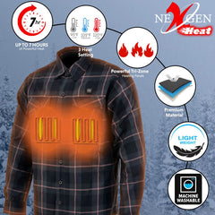 Nexgen Heat Nxm1602set Men's 'Riffraff' Black, Grey/Red Heated Flannel Long Sleeve Shirt (Rechargeable Battery Pack Included)