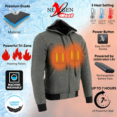 Nexgen Heat NXM1713SET Men's Grey Heated Zipper Front Hoodie - for Winter Cold Weather Riding Outdoors