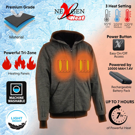 Nexgen Heat NXM1717DUAL Men's Grey Heated Hoodie w/ Dual Power Technology - Biker Jacket for Winter w/Battery Pack