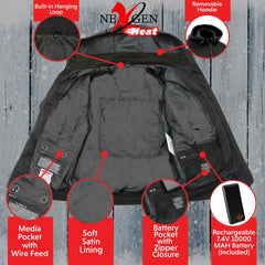 Nexgen Heat MPM1761SET Men’s Black Heated Soft Shell Racing Style Motorcycle Heated Jacket for Winter Cold Weather