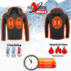 NexGen NXM1767SET Men's 'Ruffled' Black 'Heated' Soft-Shell Hooded Jacket (Rechargeable Battery Pack Included)
