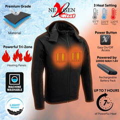 Nexgen Heat MPM1767SET Men's Black 'Heated' Soft Shell Hooded Zipper Front Jacket (Rechargeable Battery Pack Included)