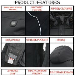 Nexgen Heat MPM1767SET Men's Black 'Heated' Soft Shell Hooded Zipper Front Jacket (Rechargeable Battery Pack Included)