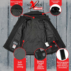 Nexgen Heat MPM1767SET Men's Black 'Heated' Soft Shell Hooded Zipper Front Jacket (Rechargeable Battery Pack Included)