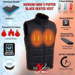 NexGen NXM3301SET Men's 'Puffed' Black Heated Textile Vest (Rechargeable Battery Pack Included)