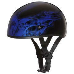 D6-SFB DOT Approved Daytona Motorcycle Half Face Helmet - Skull Cap Graphics for Men & Women, Scooters, ATVs, UTVs & Choppers - W/ Skull Flames Blue