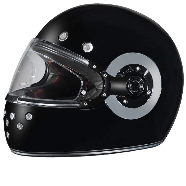 R1-A DOT Daytona Retro Full Face Motorcycle Helmet: Vintage Style for Men, Women, & Youth - Hi-Gloss Black w/ Chrome Accents