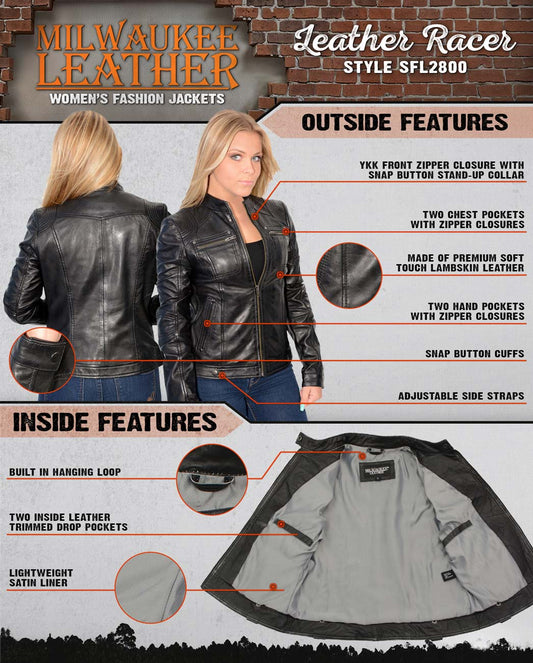 Milwaukee Leather SFL2800 Women's 'Racer' Black Stand Up Collar Motorcycle Fashion Leather Jacket
