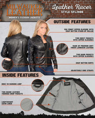 Milwaukee Leather SFL2800 Women's 'Racer' Black Stand Up Collar Motorcycle Fashion Leather Jacket
