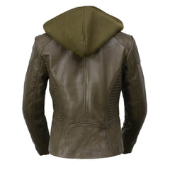 Milwaukee Leather SFL2815 Womens Olive Motorcycle Style Leather Jacket with Hoodie and Asymmetrical Zipper</
