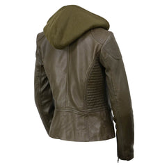 Milwaukee Leather SFL2815 Womens Olive Motorcycle Style Leather Jacket with Hoodie and Asymmetrical Zipper</