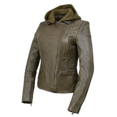 Milwaukee Leather SFL2815 Womens Olive Motorcycle Style Leather Jacket with Hoodie and Asymmetrical Zipper</