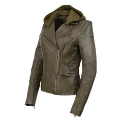 Milwaukee Leather SFL2815 Womens Olive Motorcycle Style Leather Jacket with Hoodie and Asymmetrical Zipper</