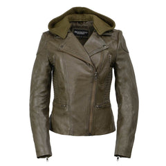 Milwaukee Leather SFL2815 Womens Olive Motorcycle Style Leather Jacket with Hoodie and Asymmetrical Zipper</