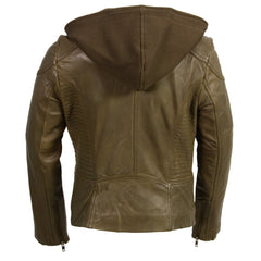 Milwaukee Leather SFL2815 Women's Olive Motorcycle Style Leather Jacket with Hoodie and Asymmetrical Zipper