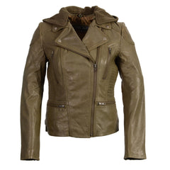 Milwaukee Leather SFL2815 Women's Olive Motorcycle Style Leather Jacket with Hoodie and Asymmetrical Zipper