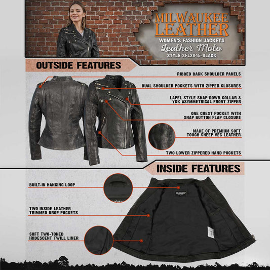 Milwaukee Leather SFL2845 Women's Black Leather Motorcycle Style Fashion Jacket with Asymmetrical Zipper