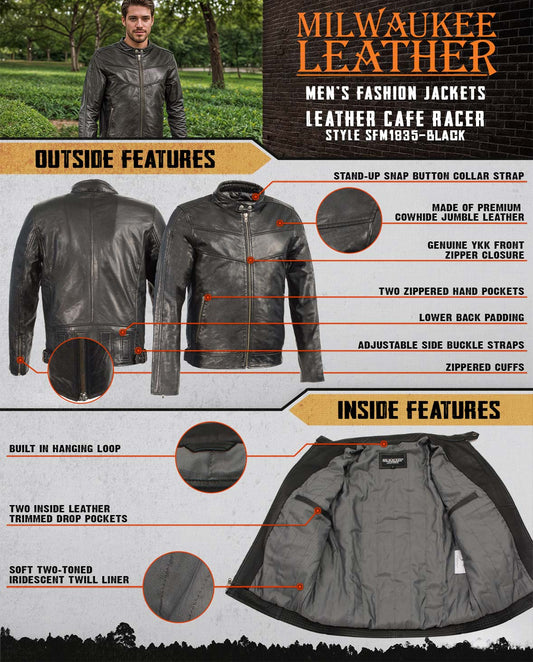 Milwaukee Leather SFM1835 Men's Black ‘Café Racer’ Leather Jacket with Snap Button Collar