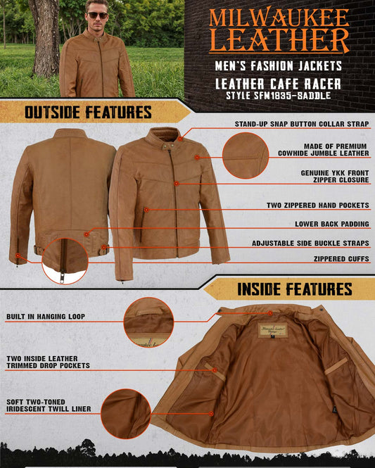 Milwaukee Leather SFM1835 Men's Saddle ‘Café Racer’ Leather Jacket with Snap Button Collar