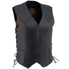Milwaukee Leather SH1227L Women's Black Leather Side Laces Classic Western Motorcycle Rider Vest w/ Snap Closure