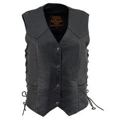 Milwaukee Leather SH1227L Women's Black Leather Side Laces Classic Western Motorcycle Rider Vest w/ Snap Closure