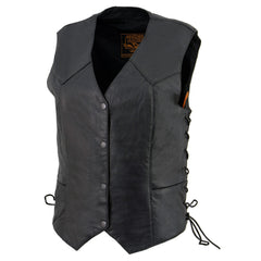 Milwaukee Leather SH1227L Women's Black Leather Side Laces Classic Western Motorcycle Rider Vest w/ Snap Closure